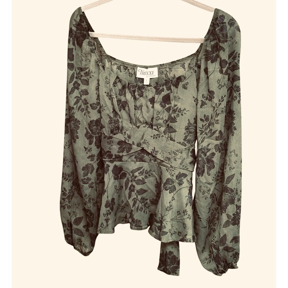Women's Olive Green Floral Wrap Peplum Blouse L Square Neck Balloon Sleeve Top - Picture 3 of 10